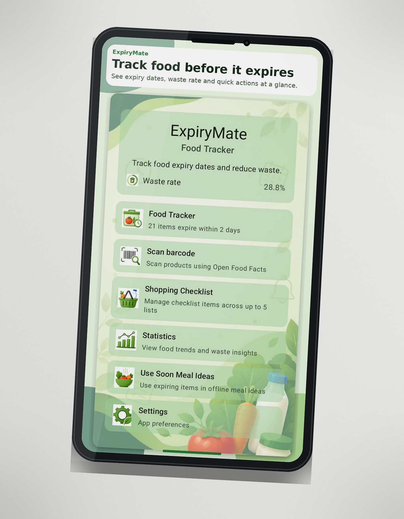 ExpiryMate dashboard shown in a phone mockup