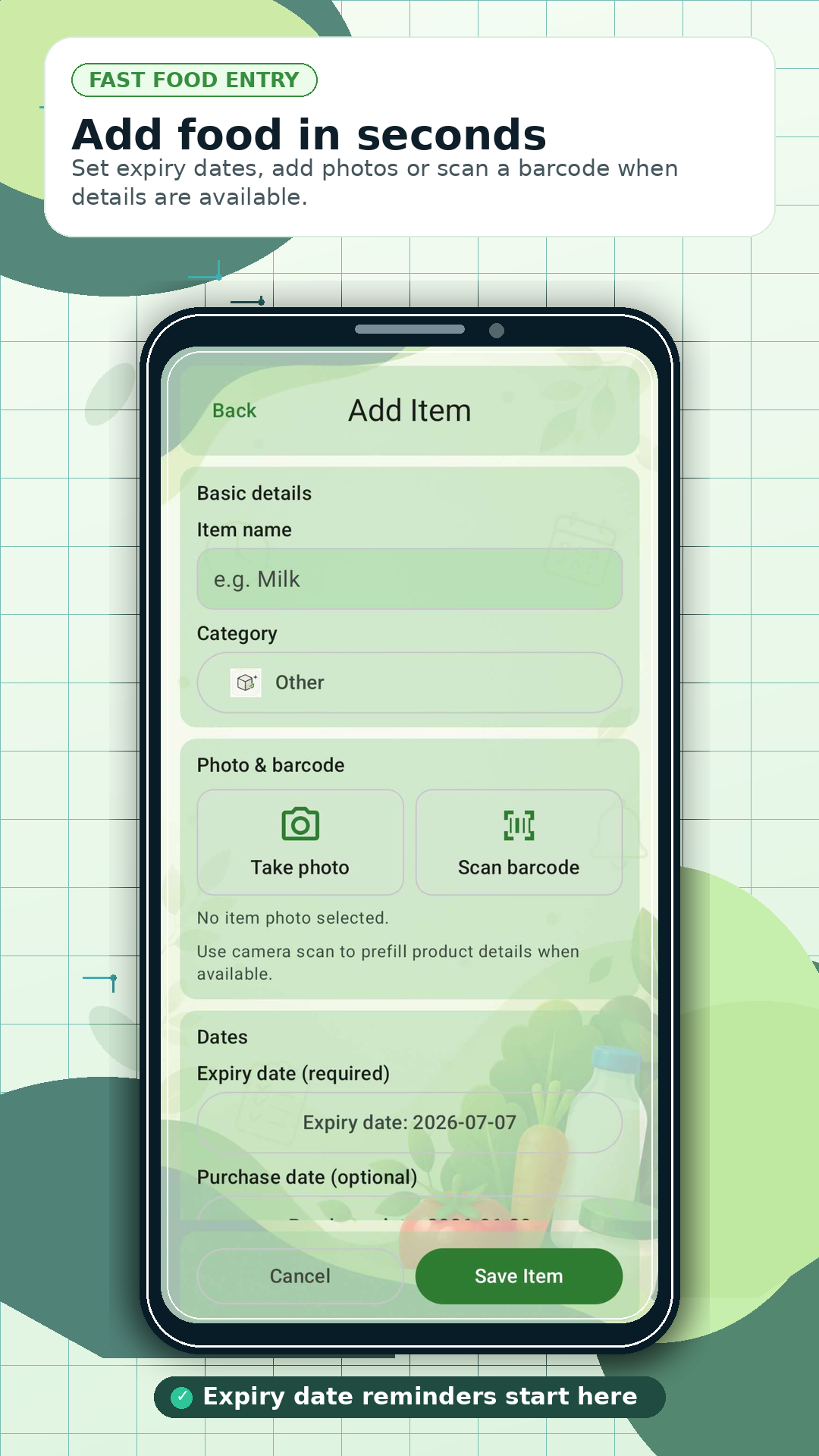 ExpiryMate screen for adding a food item