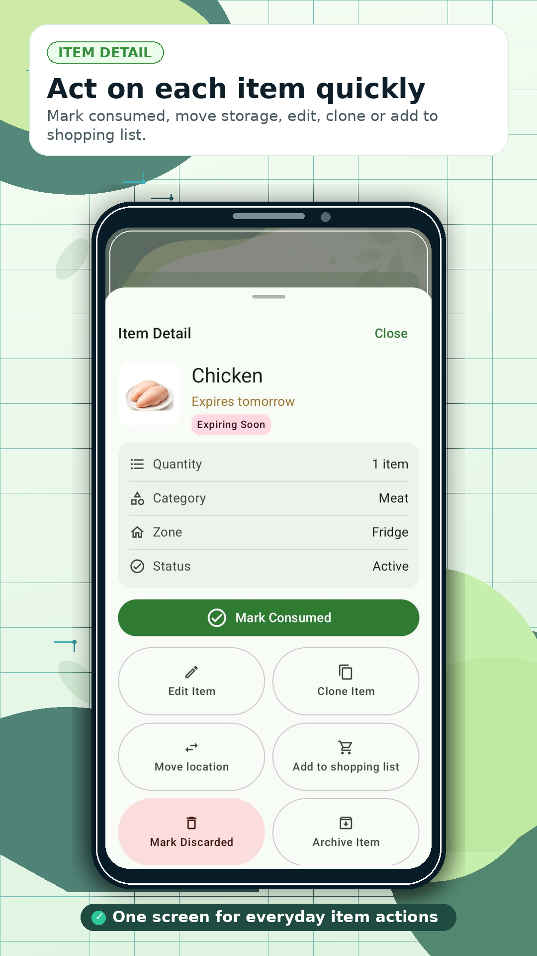 ExpiryMate food item details and actions