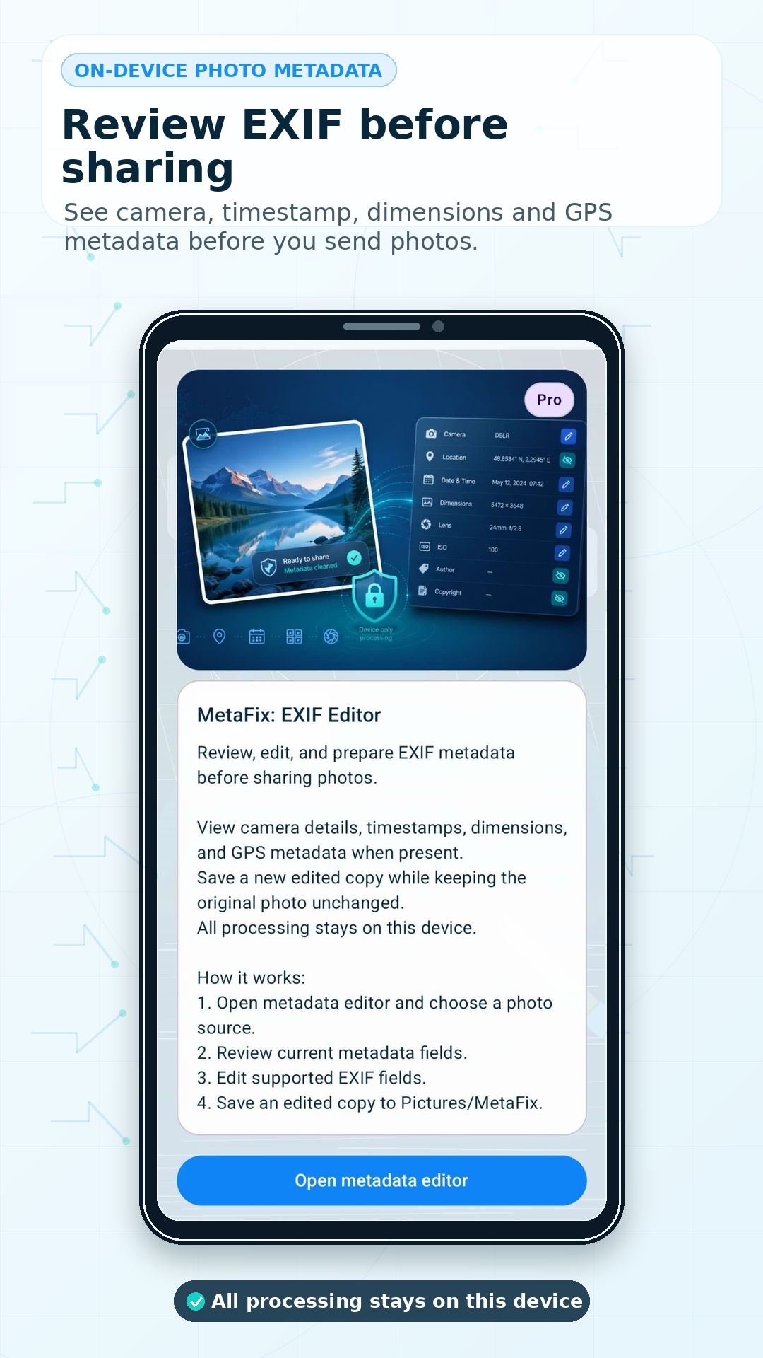 MetaFix screen for reviewing photo EXIF metadata