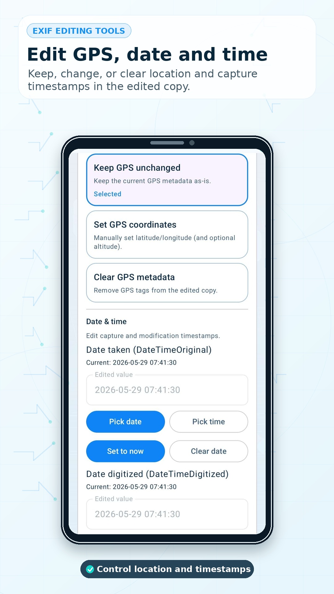 MetaFix editor for GPS, date and time photo metadata