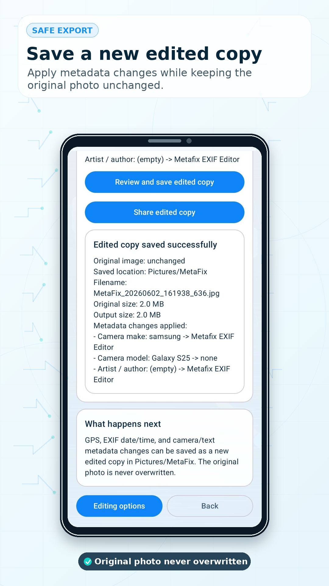 MetaFix save screen for creating an edited photo copy