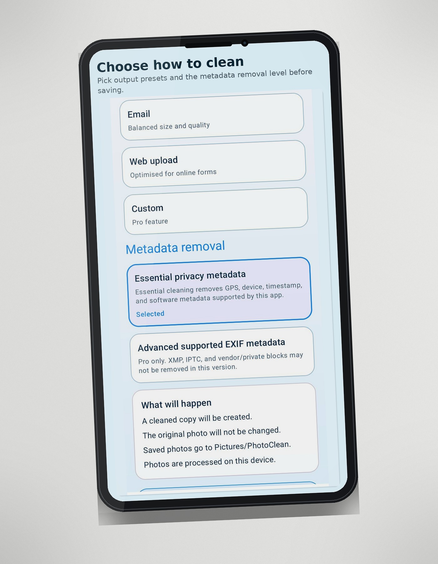 PhotoClean cleaning options for choosing metadata to remove