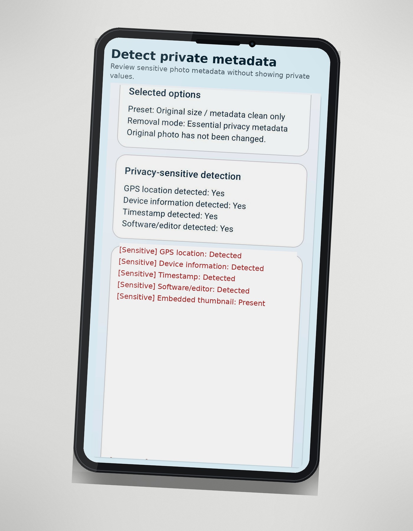 PhotoClean detected private metadata before cleaning