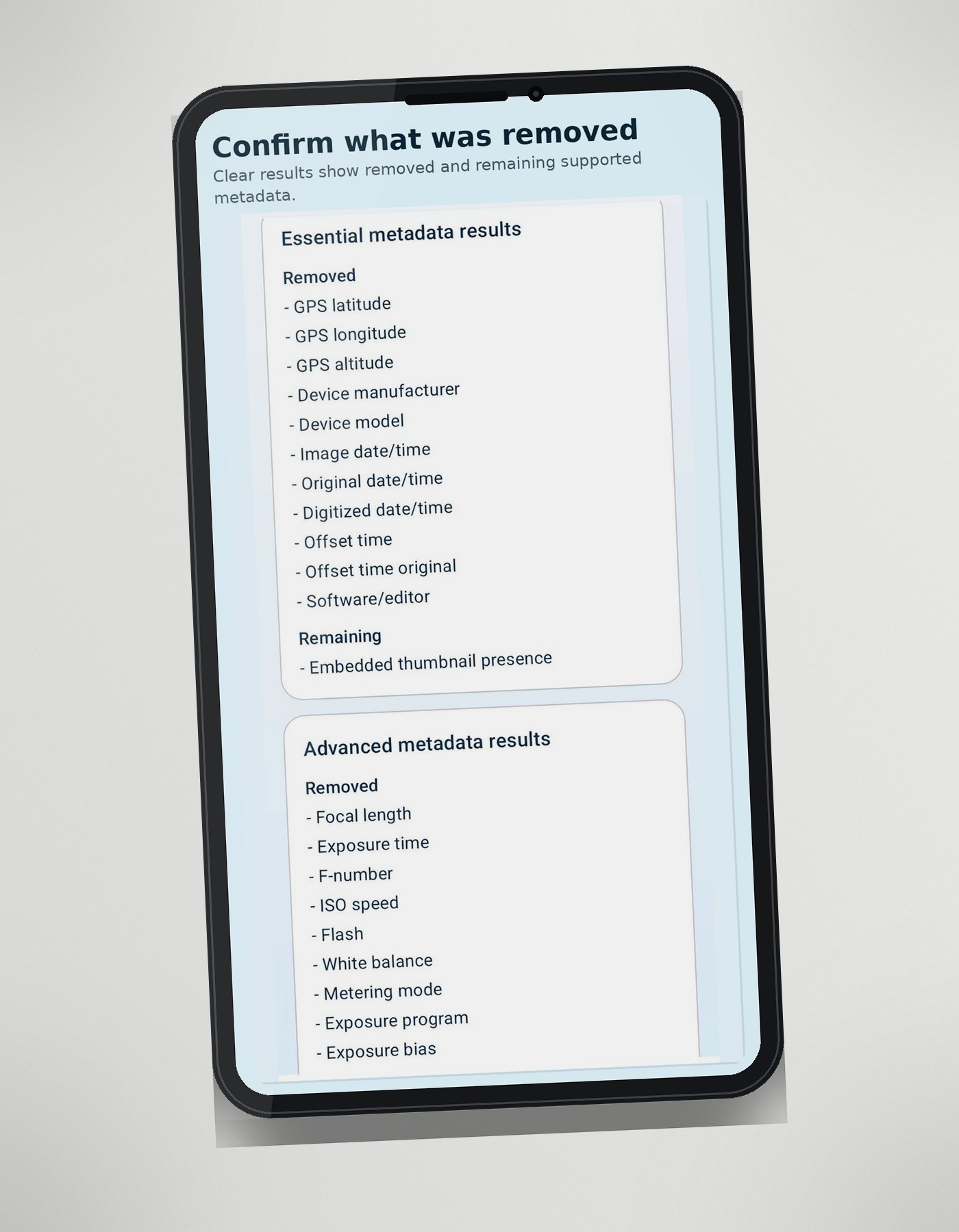 PhotoClean confirmation showing removed photo metadata