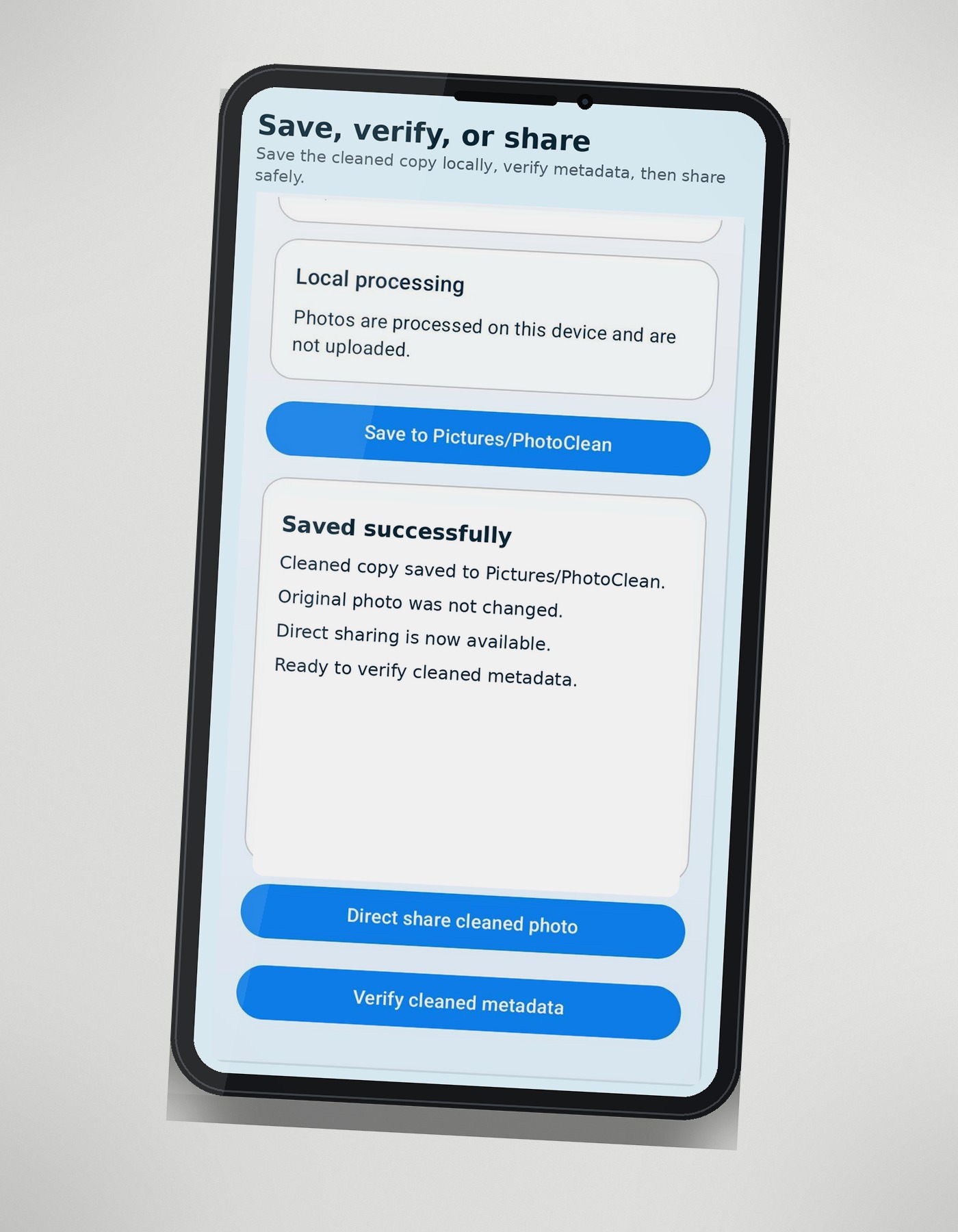 PhotoClean save verify and share screen for a clean photo copy